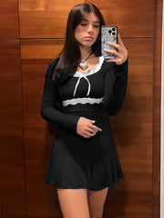Knitted Mini Dress For Women Rib High Waist Splice Lace Dresses Femme Casual Elegant Slim Folds Dress Woman 2023 Autumn