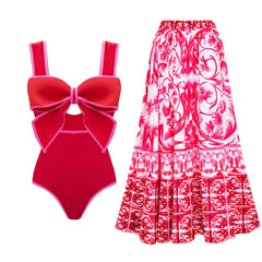One Piece Swimsuit with Maching Midi Skirt Skirt for Women 2024 New Swimwear Female Bow Tie Decor Monokini Beach Bathing Suit