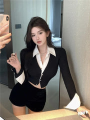 Black Fake Two Piece Slim Fit Long Sleeve Shirts for Women+ Y2k E-Girl High Waist Bodycon Skirts 2024 Autumn Sets