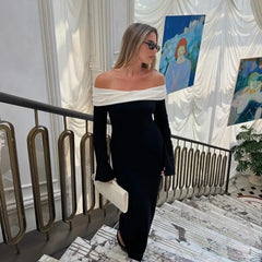 Contrast Color Knitted Long Dress For Women One-Shoulder Elegant Slim Party Sweater Dresses Female High Waist New Autumn