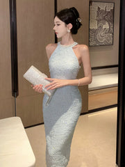 2025 New Summer Elegant Fashion Slim Fit Evening Dress For Women Hanging Neck Luxury Pearl Beading Small Fragrance Party Dress