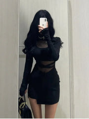 Pile Up Sleeves New Sexy Black Fishbone Dress Personalized Slim Women Dress Thin Gauze Perspective Wrap Around Buttocks F8Q3