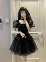 2025 Summer New Black Yarn Dress Fluffy Small Short Square Neck Spicy Girl Sweet Style Small Puff Sleeve Sexy Lovely Short FO30