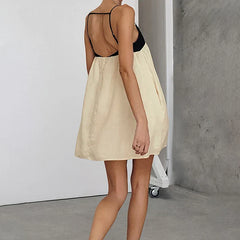 Fashion Suspender Contarast Color Dress Women's Backless Loose Beach Holiday Short Spaghetti Strap Dress Female Pullover