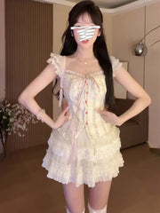 Fashion Sweet Slim Fit Sleeveless Vest for Women+ Y2k E-Girl High Waist Lace Ruched Skirts 2024 Summer New Two Piece Sets