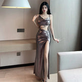 2025 Summer Women's New Sexy Spicy Girl Hollow Back Cross High Waist Side Split Show Leg Length Fashion Style Long Dress DIB3