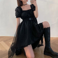 harajuku black tulle puff sleeves dress woman french slim fit square collar asymmetrical dresses female summer party belt dress