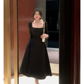 Elegant2025 French Style Women's Clothing New Arrival Early Autumn Square Collar Dresses Exquisite Color Block Fashion