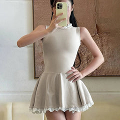 Splice Lace Mini Dress For Women High Waisted Slim Folds A-Line Hem Dresses Sleeveless Elegant Evening Party Dress Lady