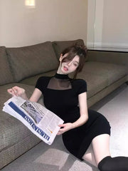 Korean Style Sexy Slim Fit Mesh Patchwork Round Neck Knitted Dress Elegant Summer New Soft Girl Waist Wrap Hip Short Skirt W2JS