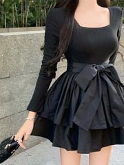 korean style black square neck long sleeved dress for women's spring autumn new bow tie high waisted cake skirt fluffy skirt 752