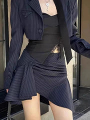 Lapel Neck Long Sleeve Striped Coat Women+ Sexy Slim Fit Irregular Strapless Vest+ High Waist Ruched Skirts Three Piece Sets