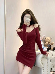 French Slim Fit High End Sexy Long Sleeved Unique Fashion Red Off The Shoulder Wrap Hip Dress Elegant Female Spring Autumn HOAR