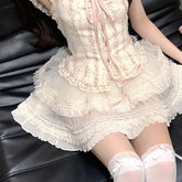 Fashion Sweet Slim Fit Sleeveless Vest for Women+ Y2k E-Girl High Waist Lace Ruched Skirts 2024 Summer New Two Piece Sets