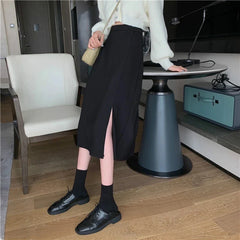 Black Skirts Women Mid-calf College A-line High Waist Korean Style OL All-match Friends Streetwear Chic Female Bottom