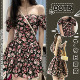 Preppy Wind Sweet Spicy Rose Fragmented Flower Dress For Women's Summer 2025 New French Puff Sleeve Short Skirt With Waist 6OA0