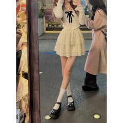 Spring Summer New Two Piece Sets Elegant Velvet Lace Square Collar Slim Fit Tops Women+ Y2k High Waist Ruched A-line Skirts