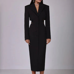2025 New Hollow Waist Suit Dress Office Lady Single Breasted Midi Dress Lapel Solid Long Sleeve Elegant Female Dresses