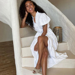 Leisure V-Neck Lace Up White Maxi Dress For Women Solid Color High Waisted Short Sleeves Ruched Patchwork Girdle Dress