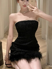 HotSweet Korean Sexy Club Strapless Tweed Short Dress For Women 2025 Summer Luxury Diamond Small Fragrant Evening Party Dress