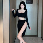 New Fashion Bold Mature Bold Gentle Elegant Sexy Off Shoulder Long Sleeve Open Top High Waist Split Skirt Two-piece Set XVRB