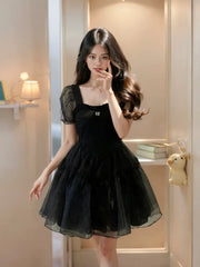 2025 Summer New Black Yarn Dress Fluffy Small Short Square Neck Spicy Girl Sweet Style Small Puff Sleeve Sexy Lovely Short FO30