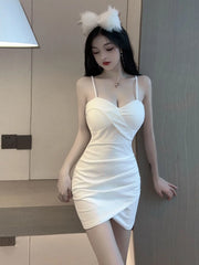 2025 Summer Women's Sexy Spicy Girl V-neck Low cut backless Fashion Tight Split Irregular Wrap buttocks Solid Color Dress SSMB