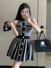 High Street Newest 2025 Fashion Elegant Houndstooth Knitted Dress For Women Sleeveless Sexy Summer Dress Casual Party Dresses
