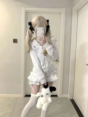 Sweet Cute Rabbit Ear Hooded Lace Long Sleve Sweatshirts Jacket+ Y2k High Waist White Cake Skirts Fashion New Two Piece Sets