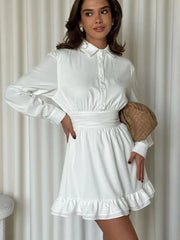 Fashion White Ruffled Dress Female Lapel Long Sleeve Mini Women's Dress Elegant Office High Waist Pleated Dress 2025 New