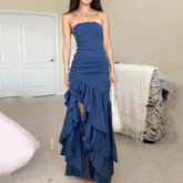 Party Long Dress Elegant Solid Strapless Sleeveless Backless Pleated Ruffled Irregular Nipped Waist Slim Evening Skirts