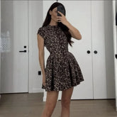 Leopard Print Pleated Dress For Women Slim Sexy Backless Mini Dress 2025 Spring New Elegant High Street O Neck Lady Dress