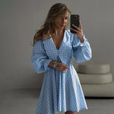 Retro Classic Plaid Butterfly Neck Long Sleeve Dress For Women A-Line Loose Splice Flare Sleeve Party Club Short Dress