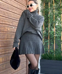 High Neck Knitted Pullover Pleated Mini Skirt Suit
