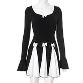 Bows Splice Folds Mini Dress For Women Long Sleeve Contrast Color Bodycon Dress Club Party Hot Girl High Waist Dress Lady
