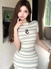 Fashion Casual Striped Knitted Bodycon Dress Simple Elegant Sheath Robe Office Lady Korean Elastic Basis Bottoming Long Dress
