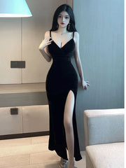 2025 Summer Women's Sexy Temperament V-neck Low cut Velvet sling ceremonial dress Side Split Slim Wrap buttocks Long Dress UR6Y