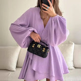 Elegant Chiffon V-neck Ruffle Dress For Women High Waist Irregular Solid Color Short Dress Long Sleeve Party Female Dress