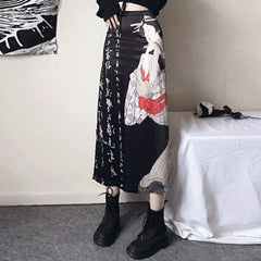 Harajuku Vintage Print A-line Skirt for Women Summer New High Waist Loose Skirts Y2k Grunge Mid-length Split Faldas Mujer