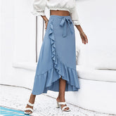 Women's Clothing Skirts Blue Solid Color Spring Autumn Skinny Skirt Lace Up High Waist Ruffle Hem Midi A-line Skirt