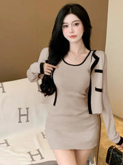 2025 Spring Autumn New Women's Sexy Temperament Knitted Cardigan Coat Slim Wrap Hip Tank Top Dress Fashion Two Piece Set WHH4