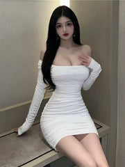 2025 Spring Women's New Sexy Spice Girls foundation Square Neck Long Sleeve Slim Solid Color Fashion Wrap buttocks Dress F0RZ