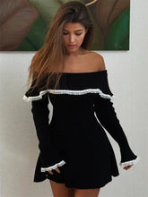 Knit Off-Shoulder Sweater Mini Dress Women's Lace Patchwork Ribbed Slim Backless Elegant Party Dress Knitwear Dress New