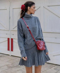 High Neck Knitted Pullover Pleated Mini Skirt Suit