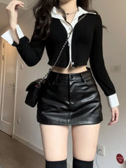Simple Fake Two Piece Lapel Neck Long Sleeve Tops Women+ Y2k High Waist Pu Black Leather Skirts 2024 Spring New Sets
