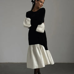 Splice Flare Sleeve Long Dress For Women Velvet Fashion Contrast Color Loose Retro Party Dress Female Elegant Clothes New