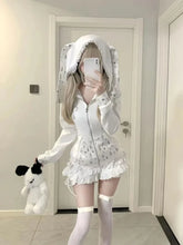 Sweet Cute Rabbit Ear Hooded Lace Long Sleve Sweatshirts Jacket+ Y2k High Waist White Cake Skirts Fashion New Two Piece Sets