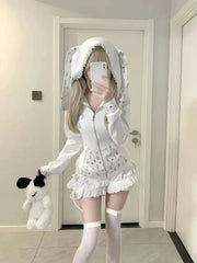 Sweet Cute Rabbit Ear Hooded Lace Long Sleve Sweatshirts Jacket+ Y2k High Waist White Cake Skirts Fashion New Two Piece Sets
