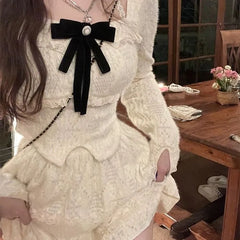 Spring Summer New Two Piece Sets Elegant Velvet Lace Square Collar Slim Fit Tops Women+ Y2k High Waist Ruched A-line Skirts