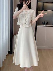 Fashion Korean Sweet Elegant 2 Piece Set Summer Office Lady Skirt Suits Ruffles Collar Knee-length Clothing For Women